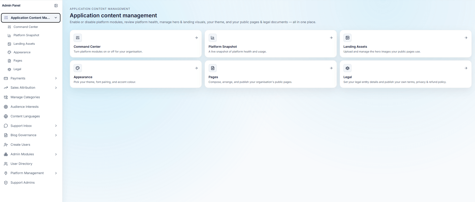 The admin panel's content management area, with modules for the command centre, landing assets, appearance, pages and legal documents