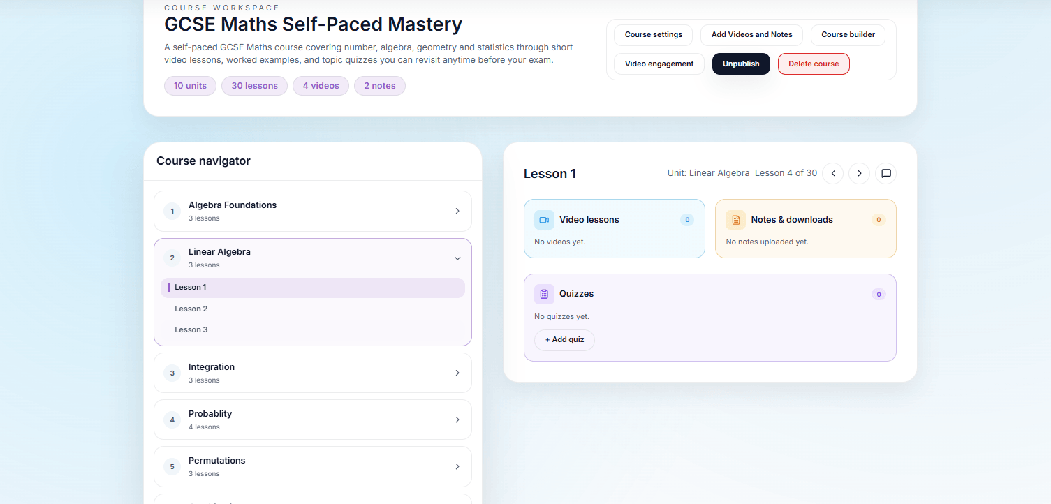 The workspace for a self-paced maths course, with a unit and lesson navigator and panels for video, notes and quizzes