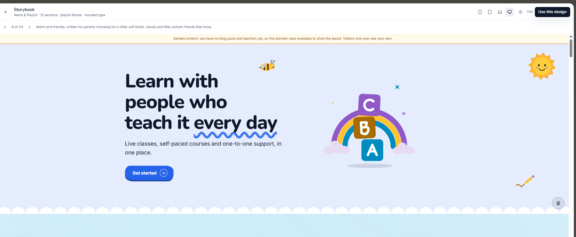 The design picker previewing a playful home page with a rainbow of letter blocks, before an organisation chooses it