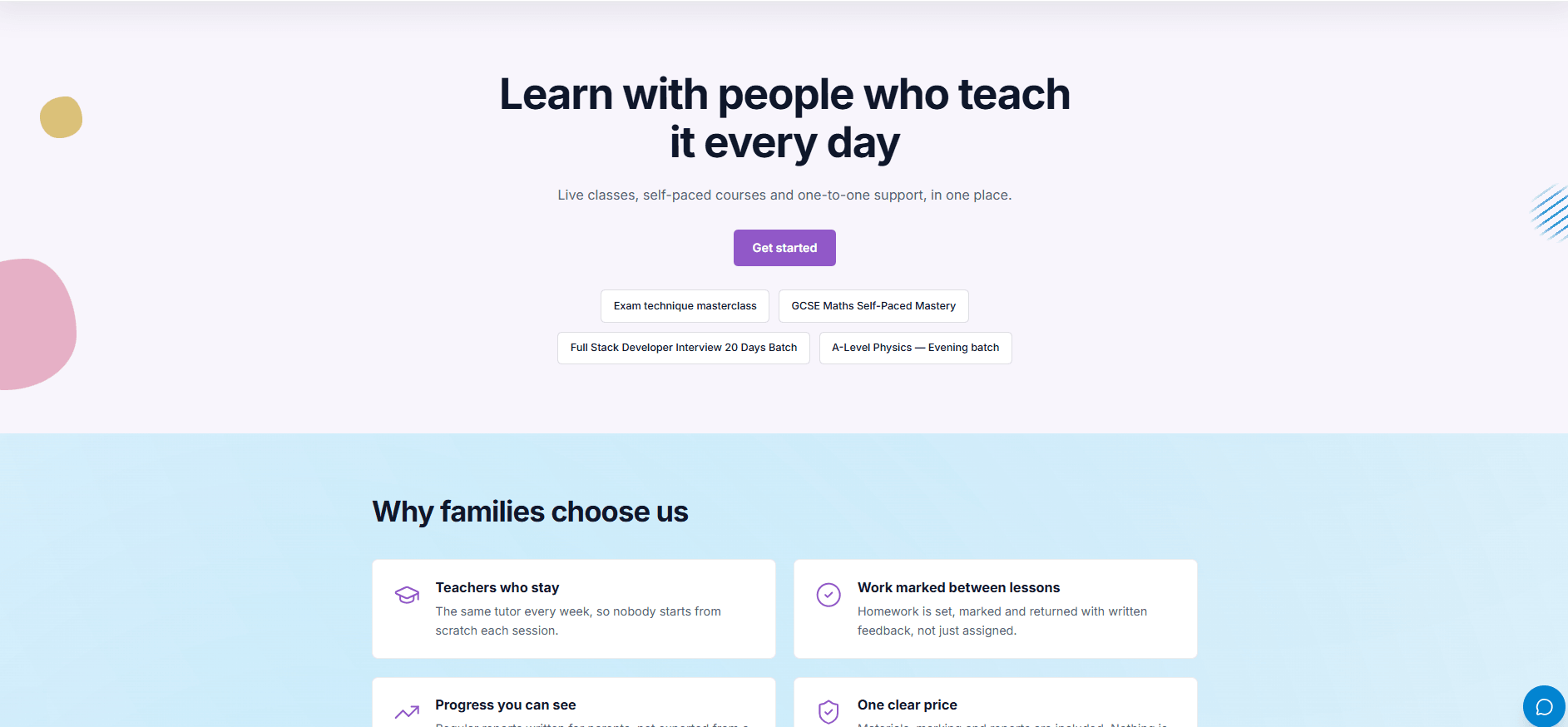 The public home page of an example organisation: a headline, a get-started button, course shortcuts and four reasons families choose it